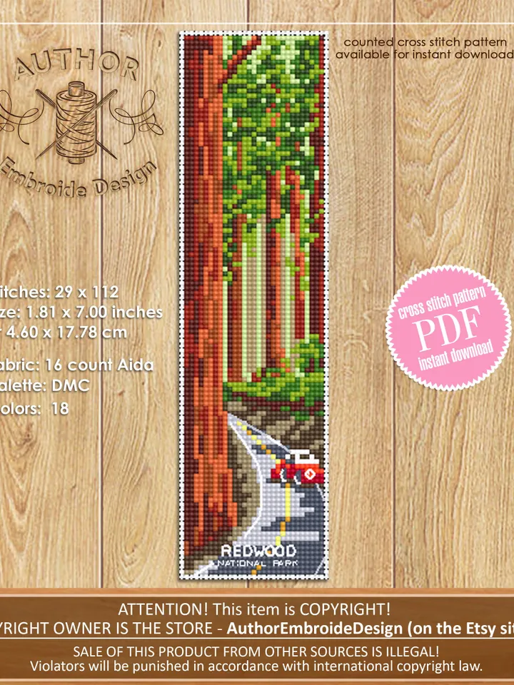 Redwood National park bookmark cross stitch pattern PDF download Nature cross stitch chart, Digital bookmark pattern, Road trip Forest #B171
