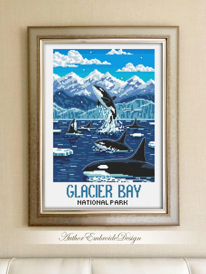 Glacier Bay National Park cross stitch pattern PDF download Killer whale cross stitch chart, Splashing Orcas in Alaska, Travel poster #L102