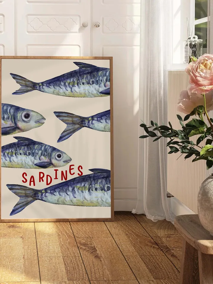 Sardine Wall Art, Sardines Tin Fish Poster, Colorful Kitchen Print, Maximalist Home Decor, Vintage Style Digital Artwork, Retro Sardine Art