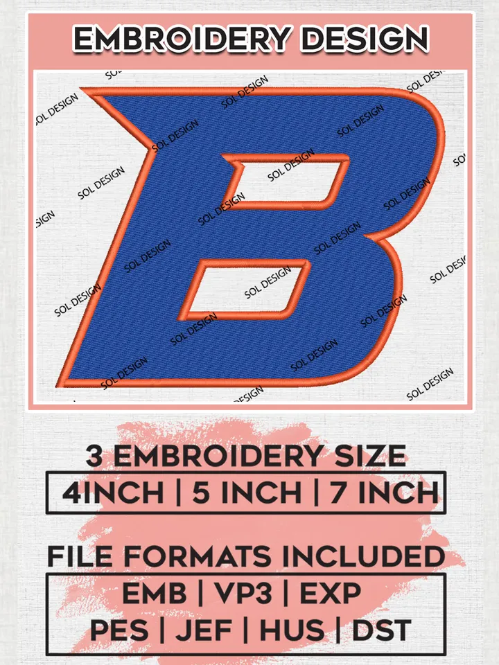 NCAA Boise State Broncos Football Team Letter Logo Embroidery Design Files, NCAA Boise State Broncos Machine Embroidery, NCAA Teams, 3 sizes, NCAA Machine embroidery designs, Digital Download