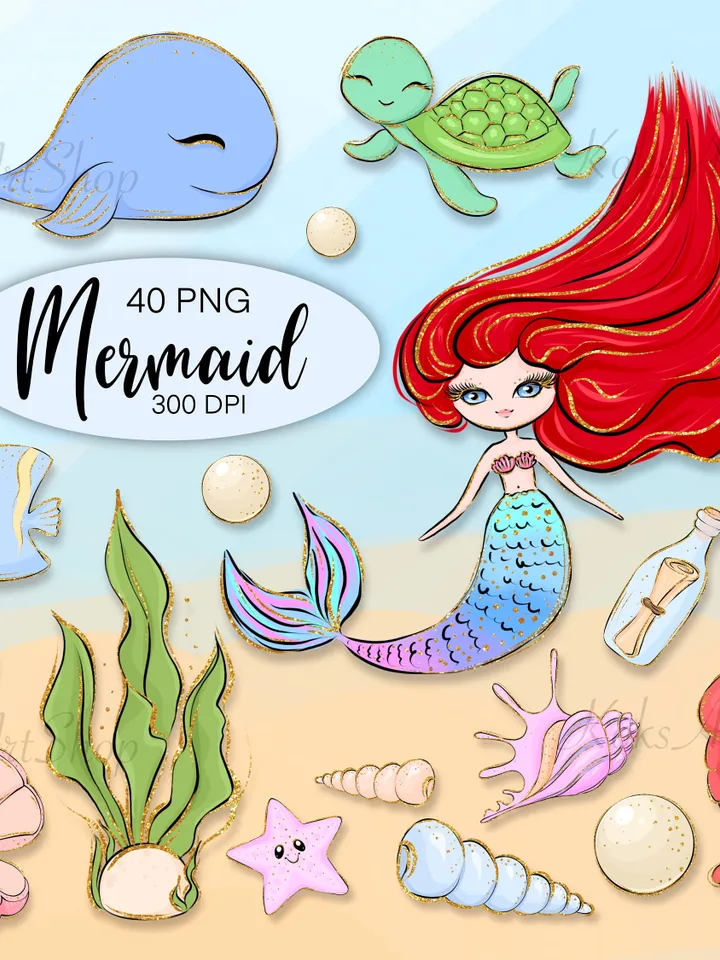 Mermaid stickers, Little Mermaid , Mermaid clipart, Sea clipart, Ocean clipart, Mermaid PNG, Fish clipart, Ocean world