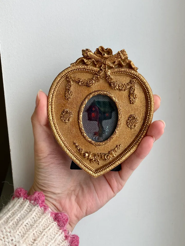 Baba Yaga Hut Painting Original Framed Art Small Cryptid Gifts Mini Heart Gold Framed Decor Fairy Creatures Art, Tiny Whimsigoth Decor