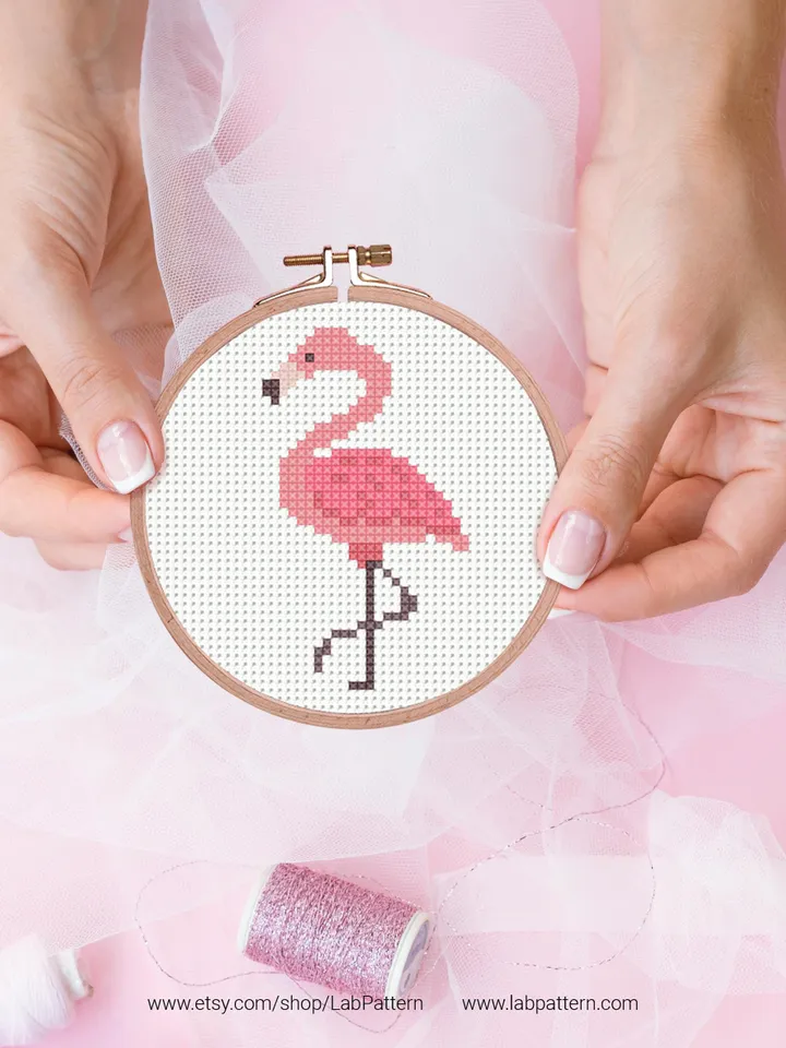 Mini Pink Flamingo Cross stitch pattern, contemporary, Bird, animals, beginner counted, modern chart, DIY, embroidery, instant, Digital PDF