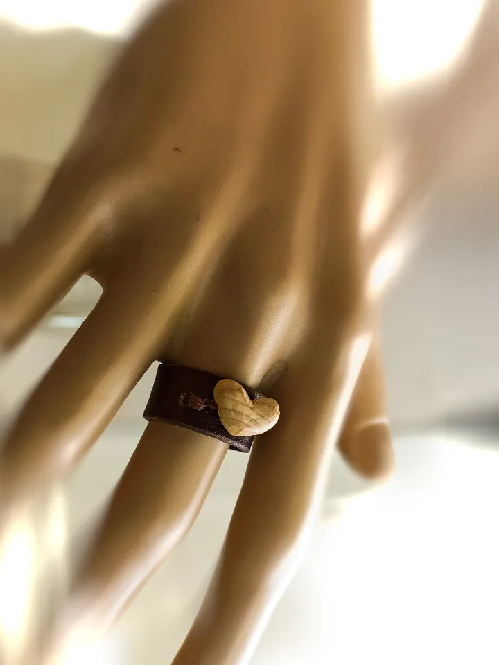 Leather Ring with Natural Juniper Wood Heart | Handmade Boho Jewelry | Eco-Friendly Accessory