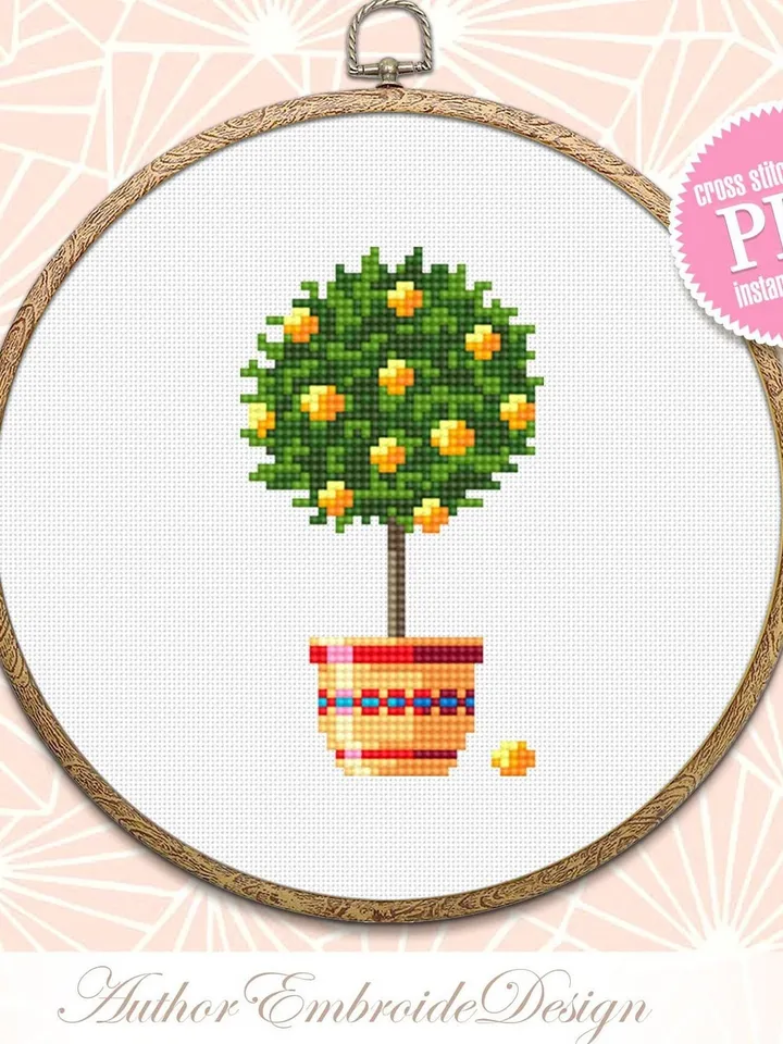Lemon tree cross stitch pattern PDF download Potted plant cross stitch chart, Orange tree hand embroidery PDF, Tropical fruit citrus #P15