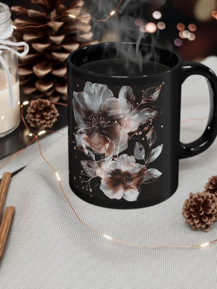 Black Floral Mug, Coffee Lover Gift, Tea Cup, Home Decor, Chic Kitchen Accessory, Ceramic 11oz 15oz