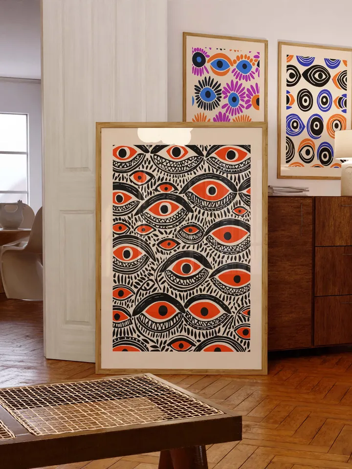 Bold Eye Wall Art, Psychedelic Eye Poster, Tribal Orange, Black Digital Print, Surreal Eye Illustration, Instant Download, crazy eyes art