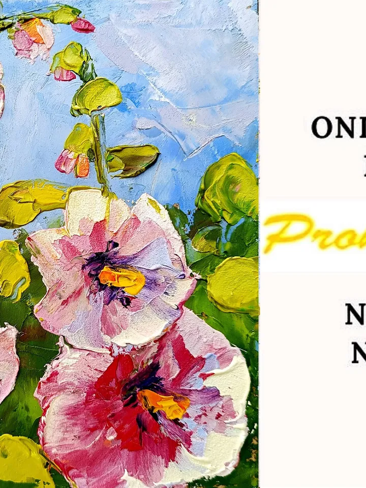 Mallow Painting Flowers Oil Painting Floral Original Fine Art Impasto Painting Hollyhocks Artwork 6x6 by ArtProkopaloSv