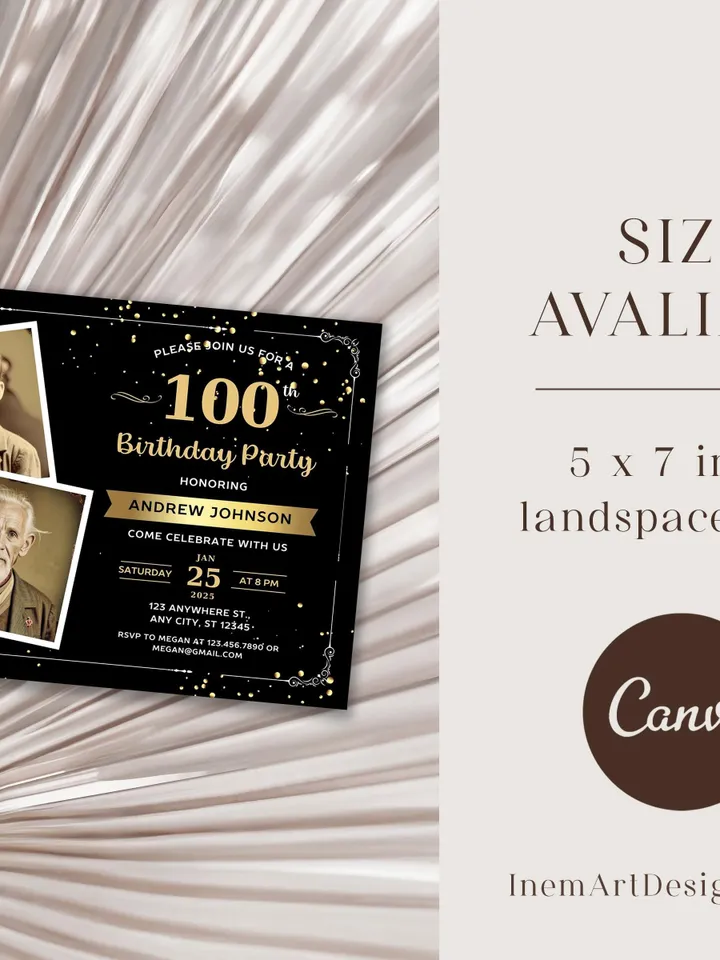 100th Birthday invitation with Photo | Adult Birthday Photo Invite | Mens birthday Black Gold landscape invitation card | Canva template