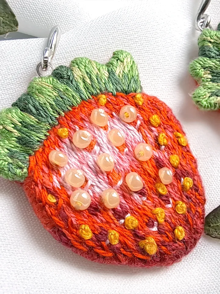 Strawberry Earrings Hand Embroidered, Sweet Strawberry Earrings, Birthday gift, Stylish accessory, Boho design