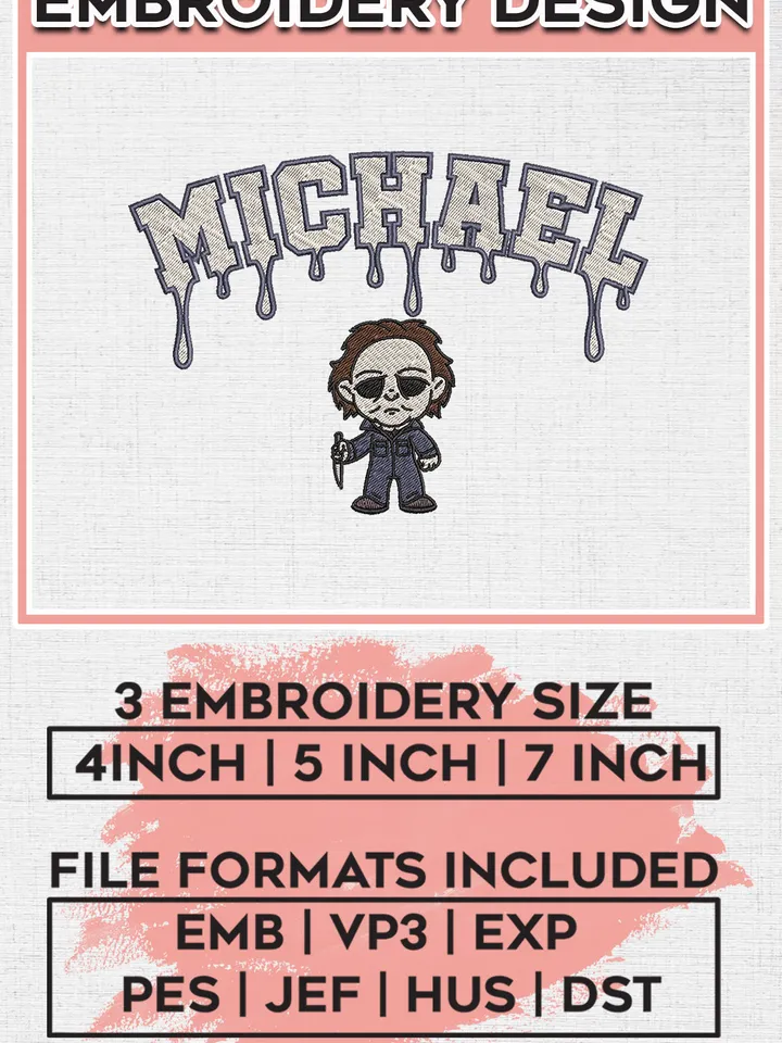 Chibi Michael Myers Horror Character Drop Name Embroidery designs, Horror Character Machine embroidery designs, Halloween embroidery files, Machine Embroidery Digitized Pes Files, Digital Download