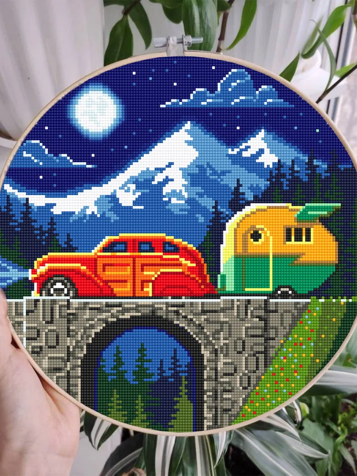 Travel cross stitch pattern download PDF Vintage travel trailer cross stitch chart Nature landscape embroidery PDF Adventure awaits #L12