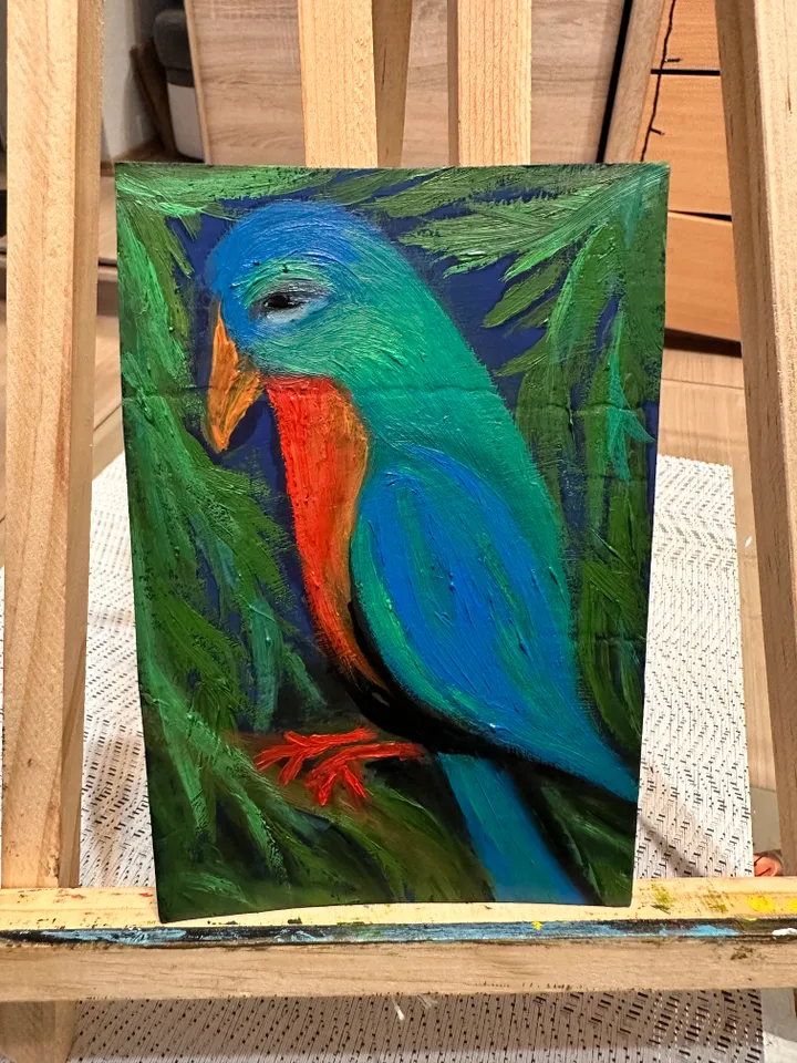 Oil Painting Parrot Birds Tropical Landscape Nature Miniature Cardboard 6x4 inch 15x10 cm Wall Decor