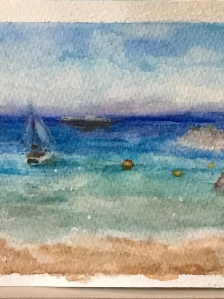 Tenerife Panoramic seascape,Las vistas beach,original watercolour painting,ocean,beach painting,boats painting,watercolour gifts.