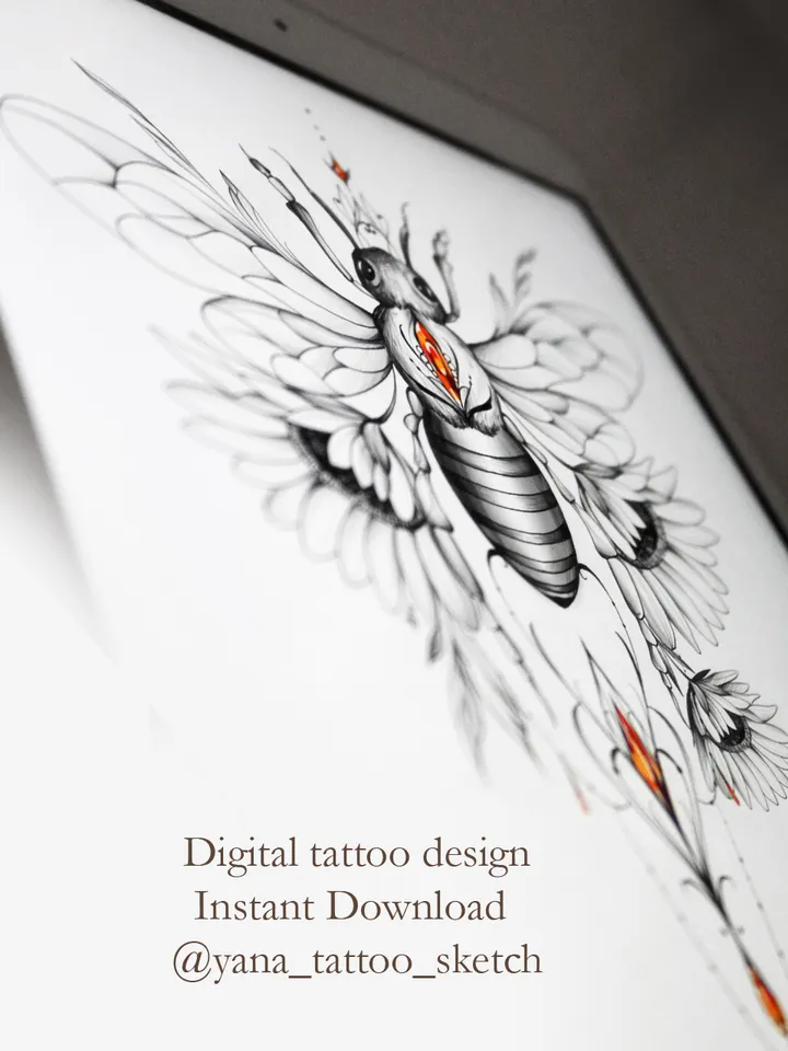 Bee Tattoo Design Drawing Honey Bee And Sunflower Tattoo Idea, Instant download PDF, JPG, PNG