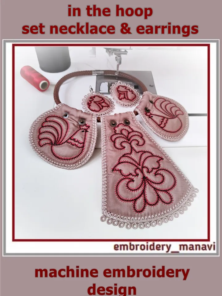 In The Hoop Folk Embroidery Design – a set of a necklace and earrings with floral quilting and FSL