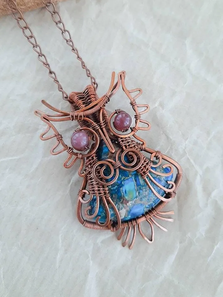 Elegant Handmade Pendant with Natural Stone in Copper Wire Wrapping