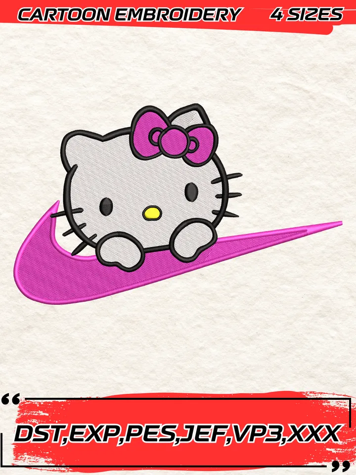 Swoosh Hello Kitty Embroidery Design,Hello Kitty Embroidery Design,Machine Embroidery Design File,4 Sizes, Digital Download