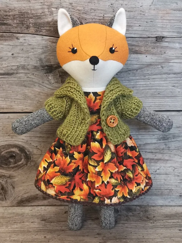 Orange fox girl, handmade stuffed wool doll, textile plush fox, fabric animal doll