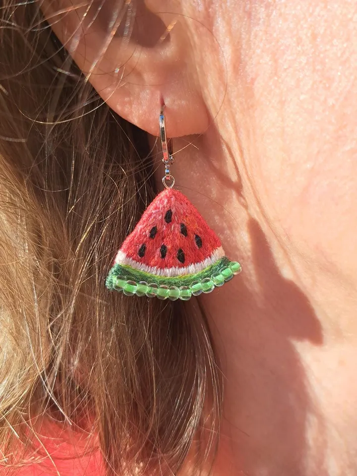 Watermelon Slice Earrings Embroidery Handcrafted Seed Bead Dangles Fun Summer Jewelry Artisan Earrings Quirky Jewelry Accessory Gift