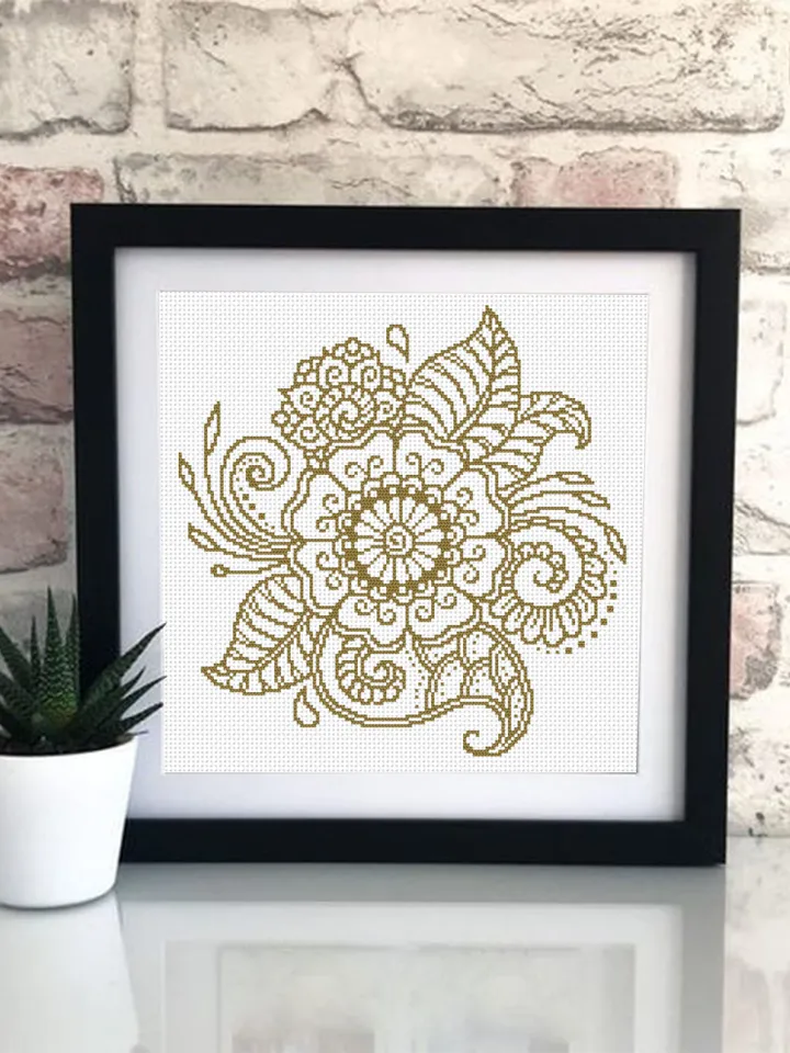 Flower mandala cross stitch pattern download PDF, Monochrome embroidery beginner, Mandala digital PDF, Floral ornament cross stitch #M186