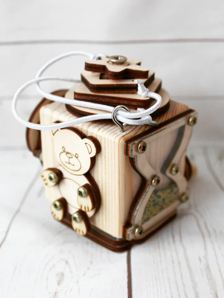 Busy cube mini - bear, wooden baby fidget toy, montessori toy for toddlers