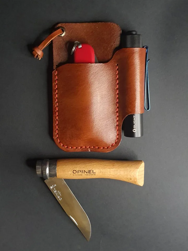Folding Knife Leather Sheath for Flashlight, EDC pocket organizer for everyday carry, Handmade leather belt sheath