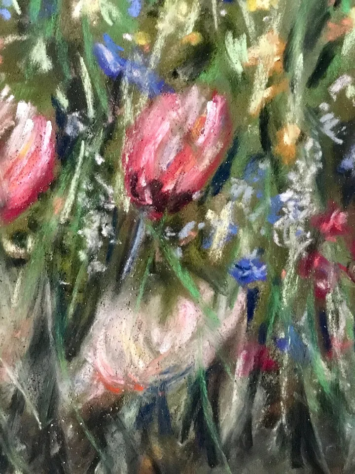 Flower fields,original soft pastel painting on pastelmat,colourful wall art