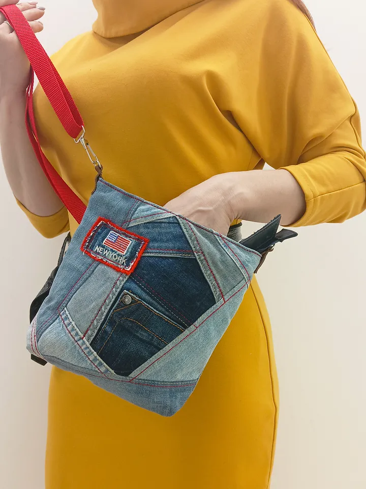 Small denim crossbody or shoulder bag, handmade in crazy patchwork style from environmentally friendly jeans material