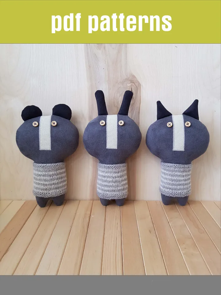 Animal dolls patterns PDF Rabbit, Cat and Bear in sweaters, set of 3 digital tutorials, stuffed animals sewing diy