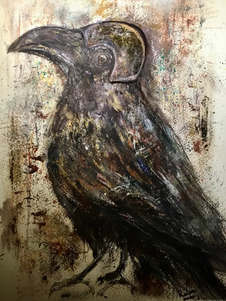 Fashion crow painting,funny crow modern mix media painting,original watercolour mix media artwork on watercolour paper,funny birds painting.