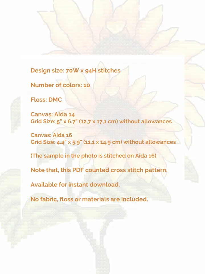 Cross stitch pattern Sunflower, cross stitch chart PDF