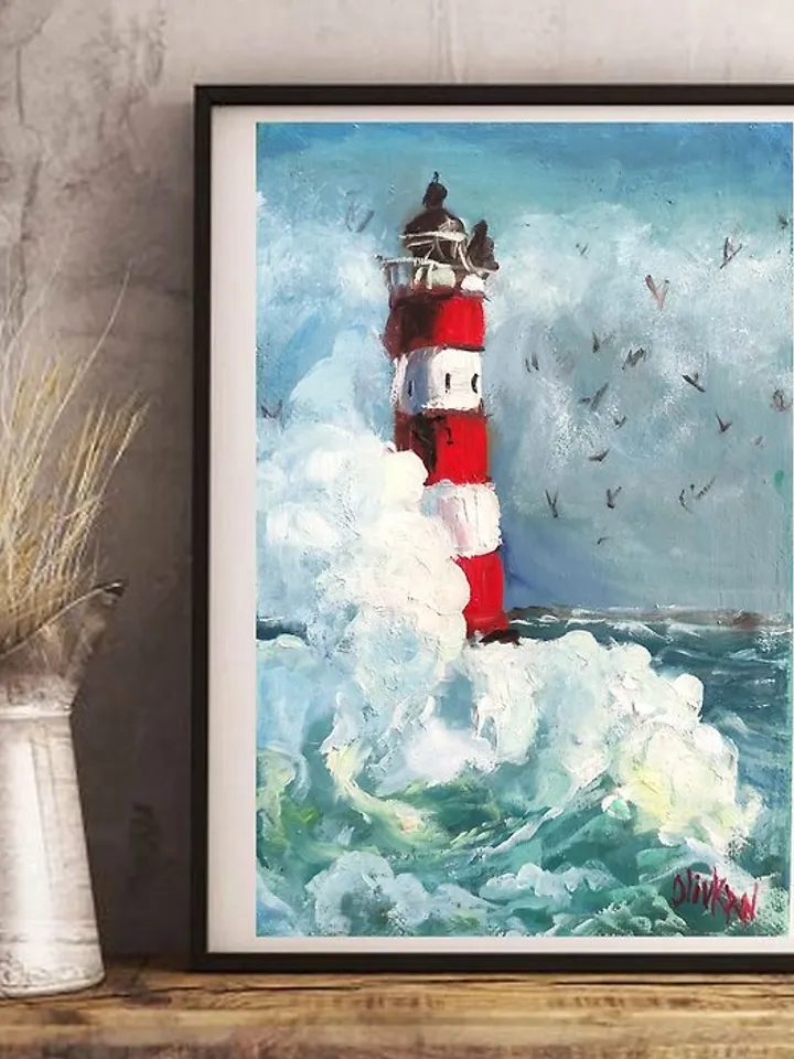 Seascape Original Art Lighthouse Oil Painting Lighthouse Impasto Sea Wall Art