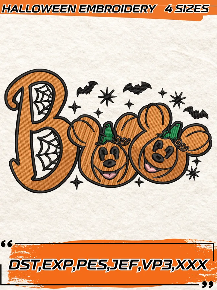 Boo Mickey Mouse Pumpkin Embroidery, Mickey Boo Disney Embroidery,Halloween Embroidery Design, 4 Sizes, Digital Download