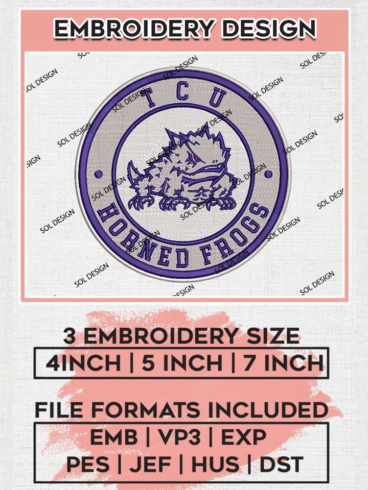NCAA TCU Horned Frogs Round Logo Embroidery, NCAA TCU Horned Logo Embroidery files, NCAA Teams, Machine embroidery designs, Digital Download