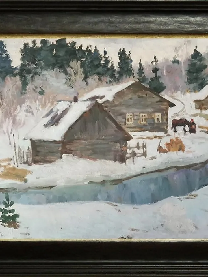 Farm House Painting Original Art Canvas Art Landscape Winter 微型油画