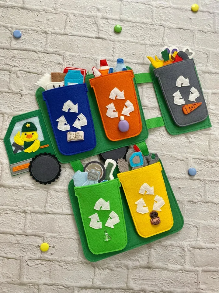 Waste Sorting Activity Quiet book Pattern pdf, Felt book pattern, Soft sensory book template, Busy book sewing ideas kids 2, 3, 4 year old