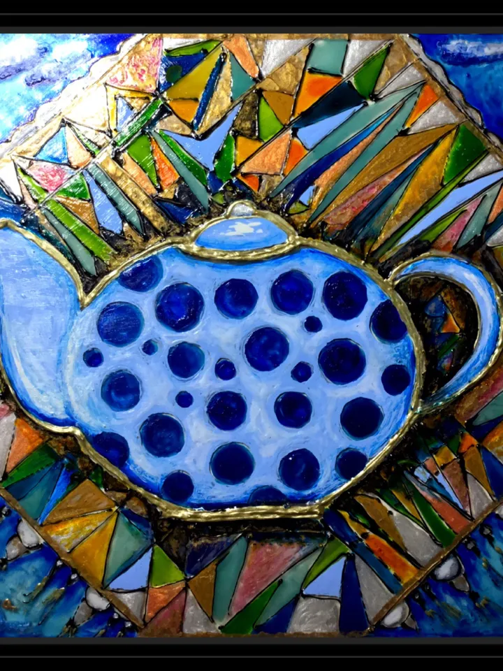 Stained glass painting, teapot on a fantasy background,abstract painting on glass ,kitchen decoration,tabletop or wall hanging,small gift.