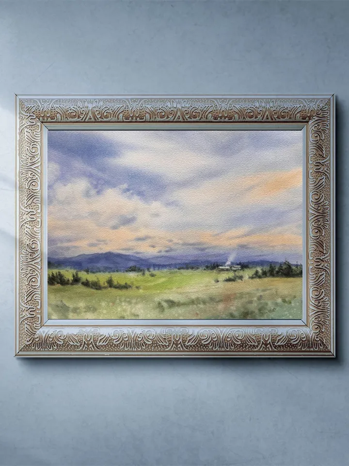 Landscape Original Watercolor Painting Fields Painting Meadow Painting