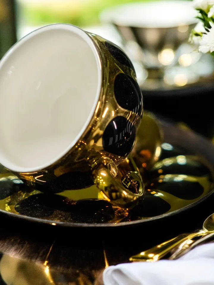 Black And Gold Colour Porcelain Tea Cups and Saucers | Tea Cups Saucers Set | Porcelain Set | Elegant Teaware | Gift For Tea Lovers