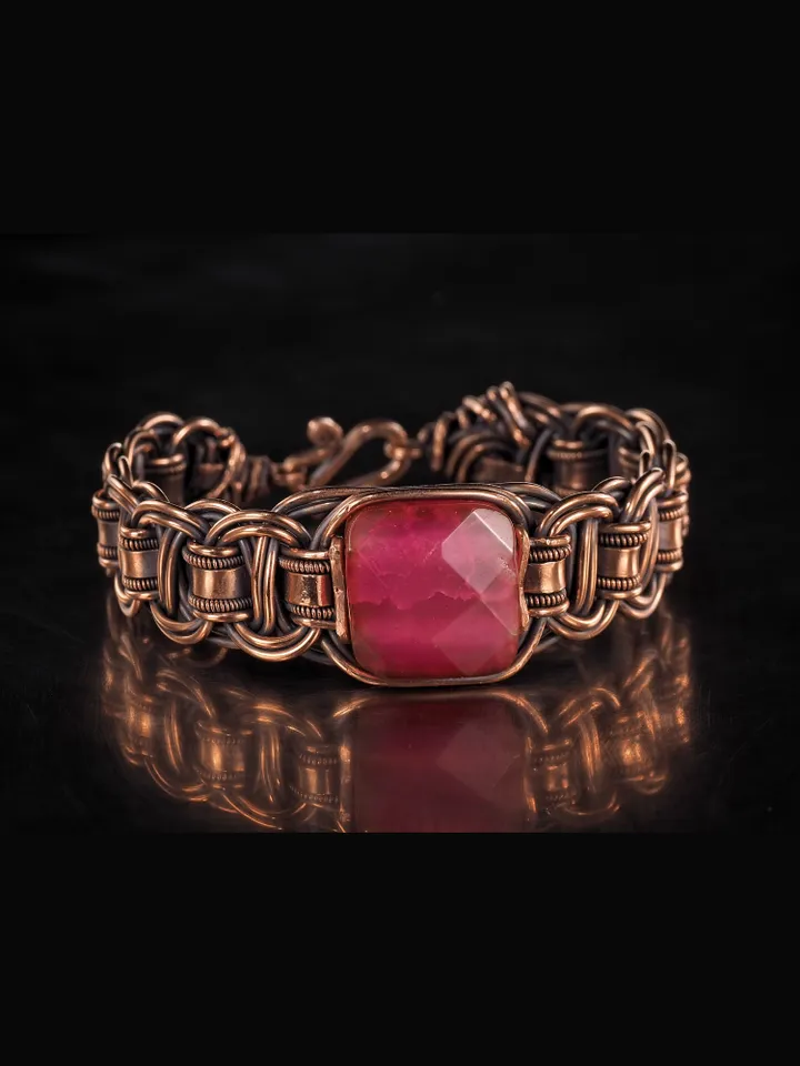Copper wire wrapped agate bracelet Unique woven copper wire bangle Small size