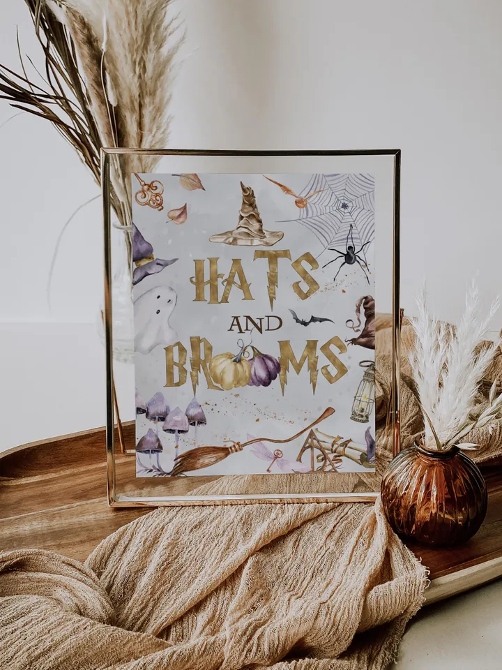 Hats and Brooms sign; Wizard Baby Shower; Magic School Baby Shower template; Wizard Party templates; Instant Download; a1