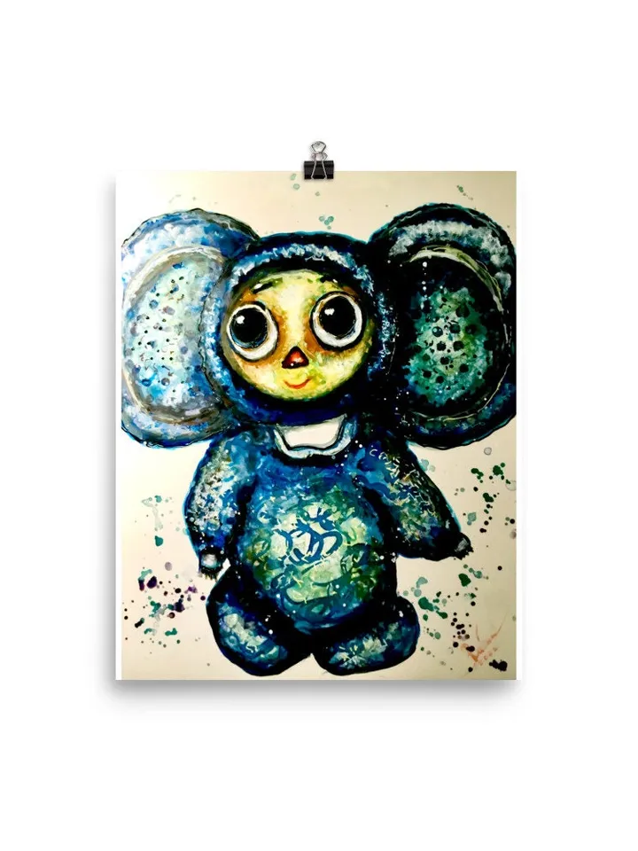 Cheburashka Photo paper poster made with my original mix media painting,kids room decoration,unique design wall decor,special children gift