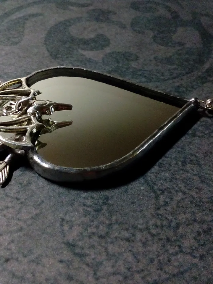 Stained glass scrying mirror, Black goth ornate mirror, Bat mirror, Car hanger, Witch mirror, Heart mirror