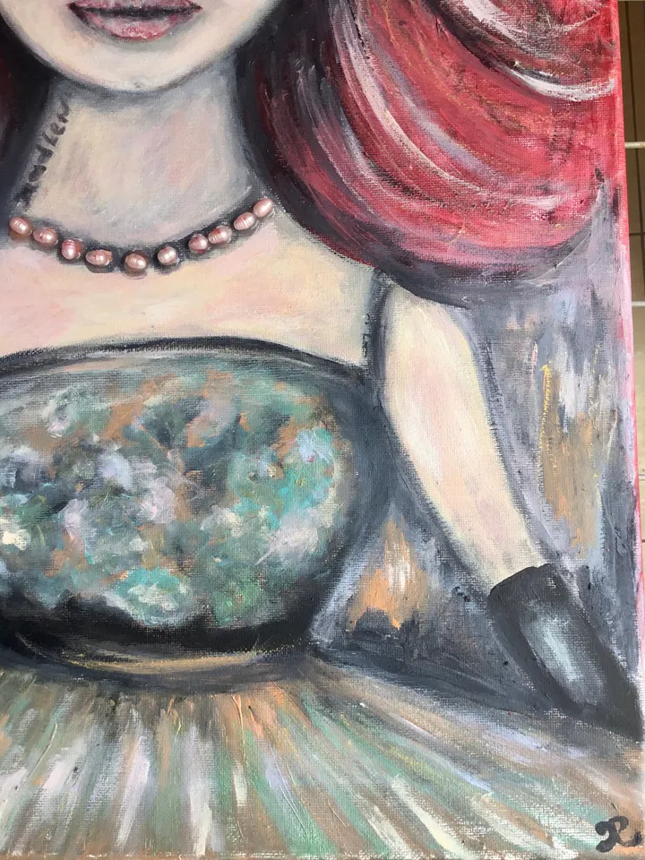 Madlen doll original oil and acrylic mix media painting on stretched canvas.decorated with natural rose river pearls,abstract background.