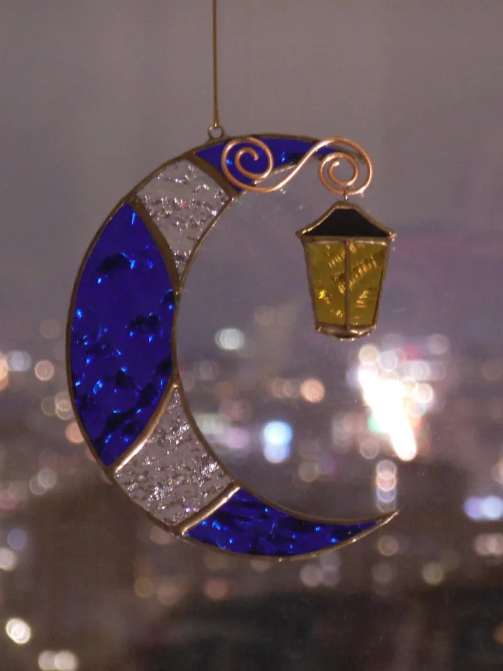 Moon with Street Light . Stained glass window hanging Suncatcher , idea for anniversary , birthday and Christmas gift