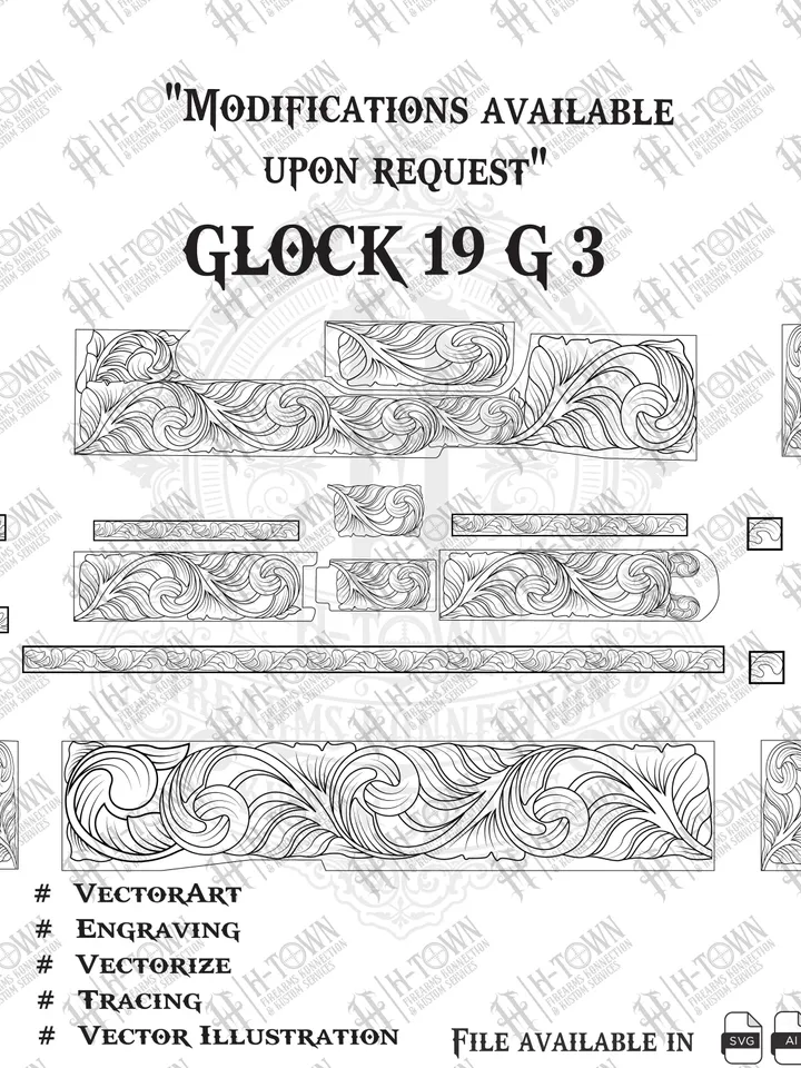 GLOCK 19 Gen 5 Engraving Scroll Vector | Ornamental Grip Design | Full Slide Svg Png AI EPS | Custom Laser Template
