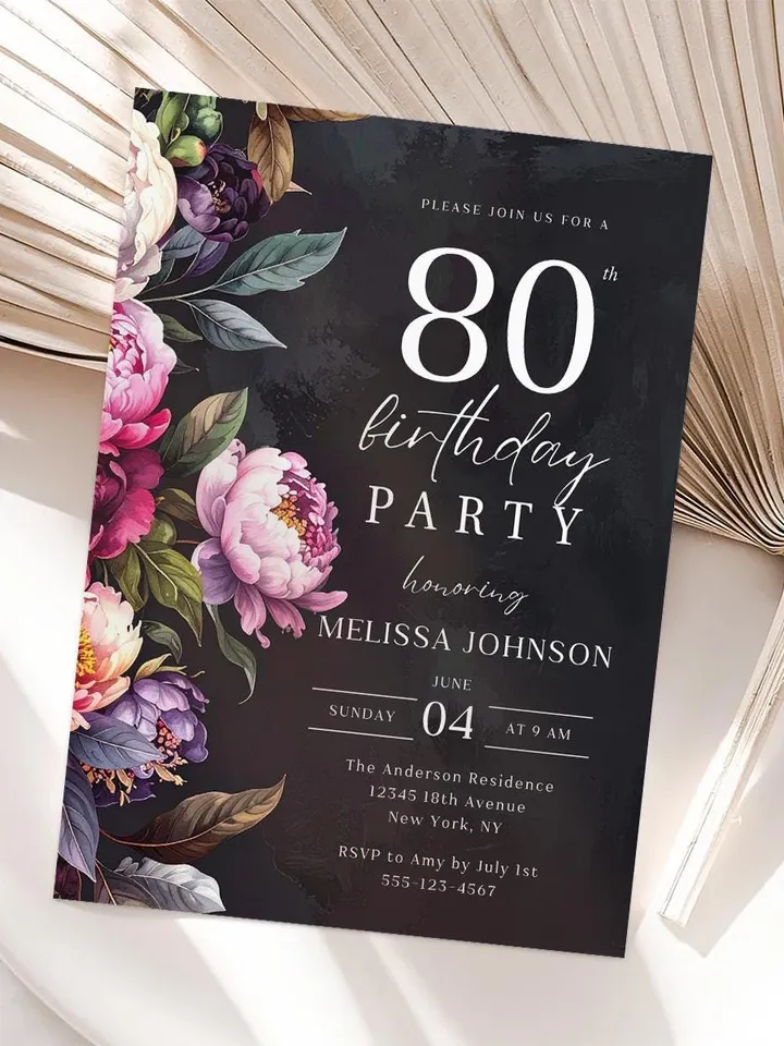 80th Birthday Invitation for women – Moody Burgundy & Blush Peony Floral Invitation, Elegant Dark Men Birthday Party Invite Canva Template