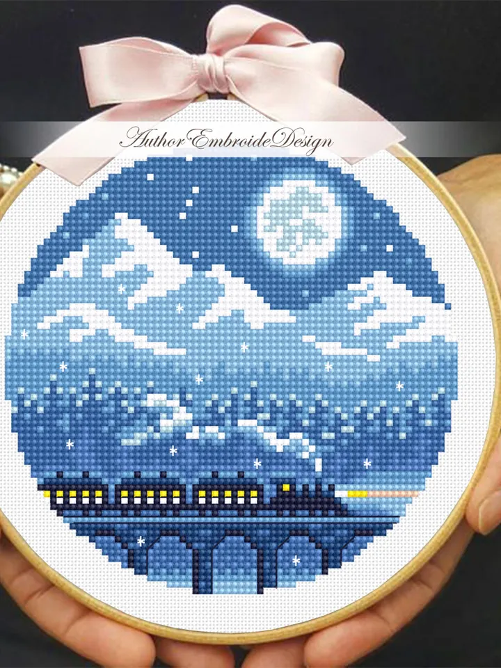 Winter mountain landscape cross stitch pattern PDF download Night train cross stitch Small pattern digital PDF Old train bridge viaduct #L93