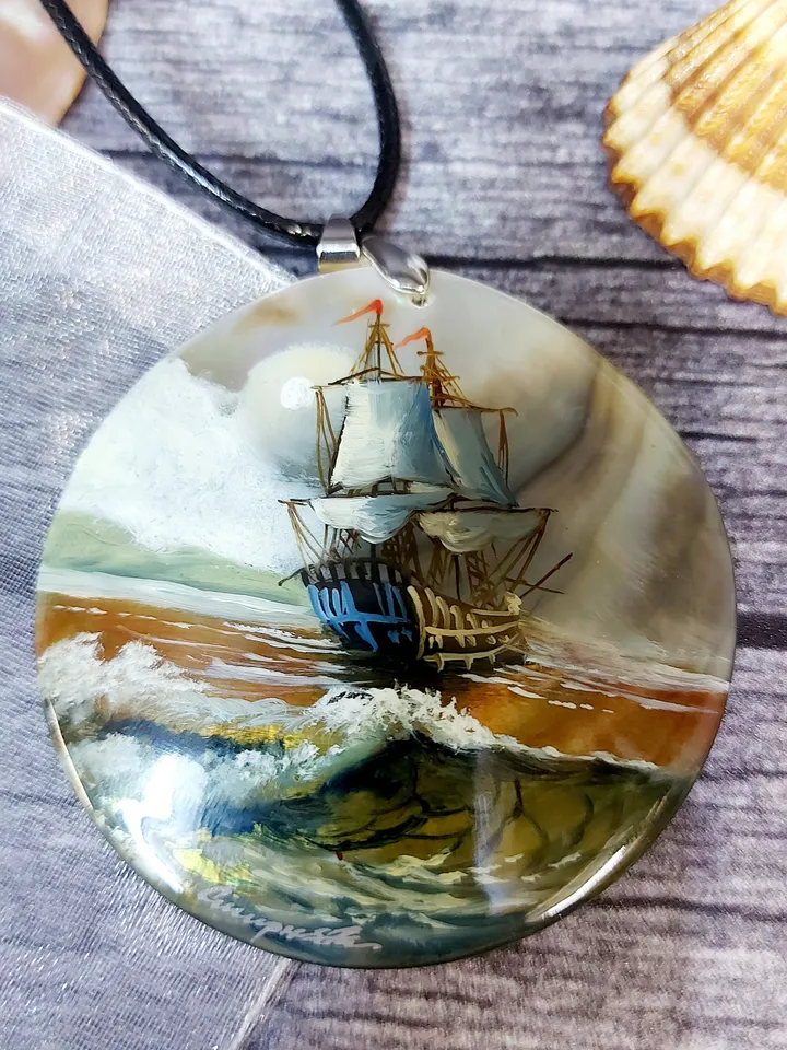 Pearl pendant necklace: Ship in sea storm painted on handmade shell art jewelry • Dainty handcrafted nautical jewelry for dress on yacht